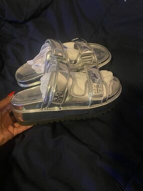 Tory Burch Silver Metallic Double-Strap Platform Slides